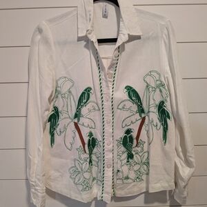 White Shirt with Green Parrot Embroidery